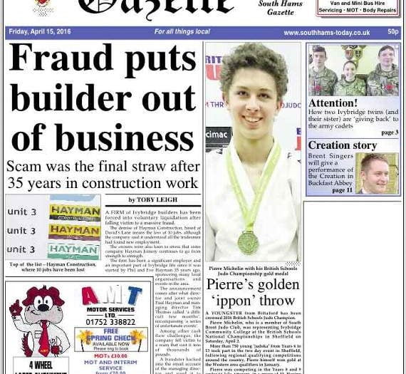 Tomorrow's Ivybridge & South Brent Gazette front page