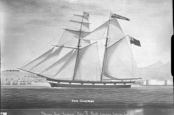 Ship painting 'Jane Goodyear'. Painting caption - 'Shooner (sic) "Jane Goodyear", John J. Ball, entering Smyrna bay 1856'. Signed Raffaele Corsini.