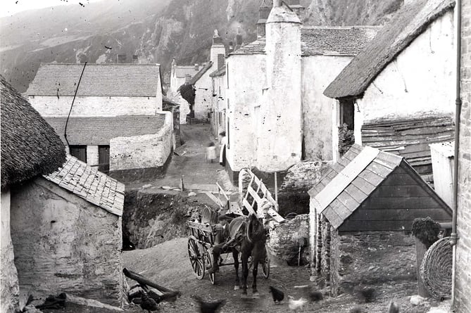 1904-1917. View S down main street of Hallsands. Horse and cart next to makeshift bridge over chasm.