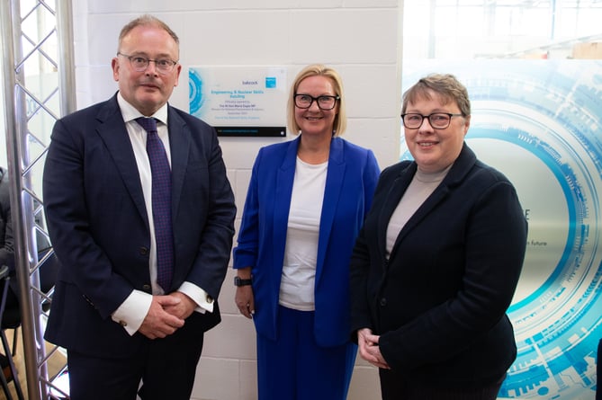 (From L to R) David Lockwood, CEO of Babcock International Group, Jackie Grubb, Chief Executive of City College Plymouth and Defense Minister, The Rt Hon Maria Eagle MP