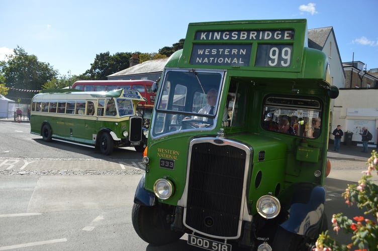 Two Western National Bristol single decker's which are the two oldest vehicles taking part – in the background to the left is 1933 Bristol H No. 137 (91 years old) and in the foreground is 1939 Bristol L5G No. 333 (85 years old).