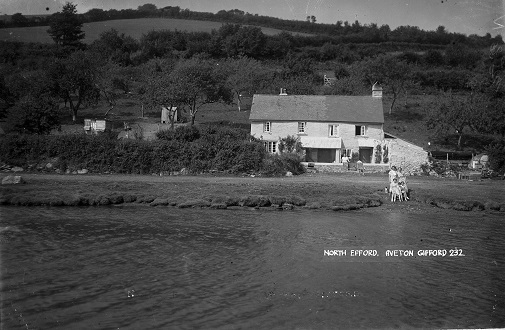 North Efford, Aveton Gifford, small group of people at waters edge.