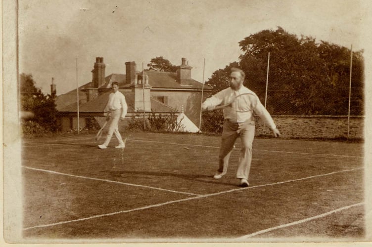 Headmaster, Kingsbridge Grammar School [KGS] "Wally" (Rev. W. Watson) playing tennis.