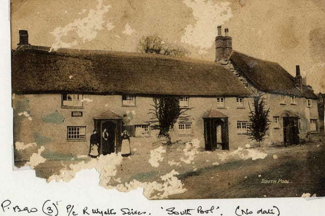 South Pool - Main square viewing north. Shop and Post Office around 1900 three women and small children outside Post Office. 