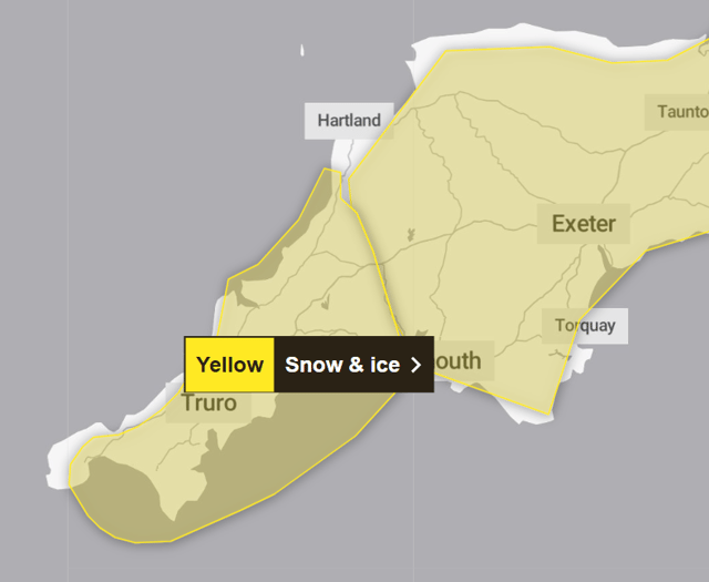 Yellow warning issued for snow and ice across Devon