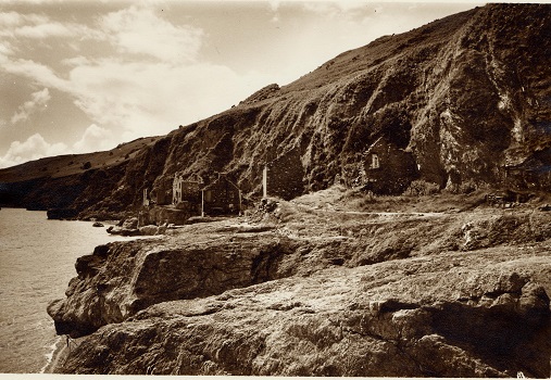 1960's view of Hallsands ruined village showing shells of various houses. View to south.